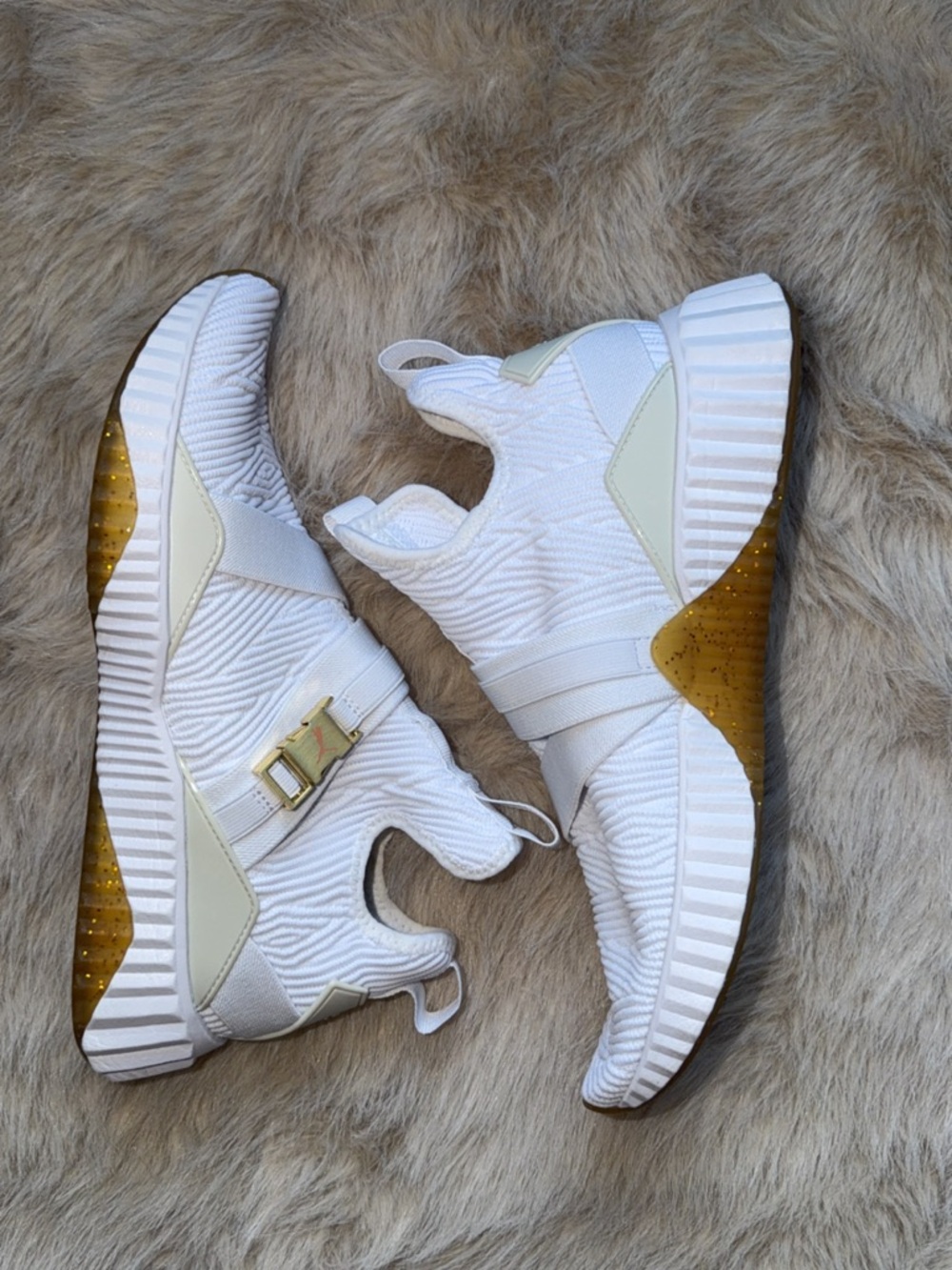 White Knit Sneakers with Gold Accent